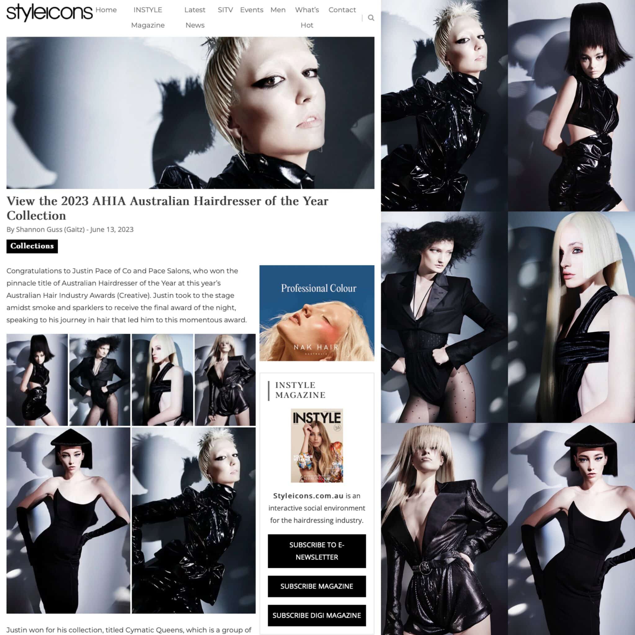Part-article screen shot - styleicons.com.au's article on Justin Pace - AHIA Creative Australian Hairdresser of the Year 2023